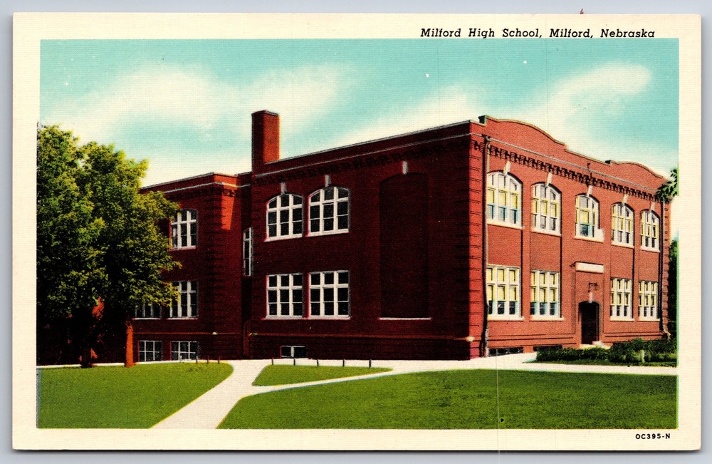 Nebraska~Milford High School Exterior View~American Art~Vintage Linen Postcard