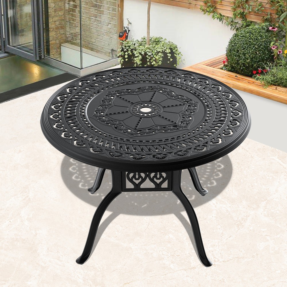 39.37-inch Round Cast Aluminum Patio Dining Table with Black Frame and Umbrella Hole