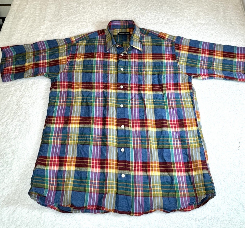 Bullock & Jones Short Sleeve Mens Large Multicolor Plaid Button Down Linen Blend