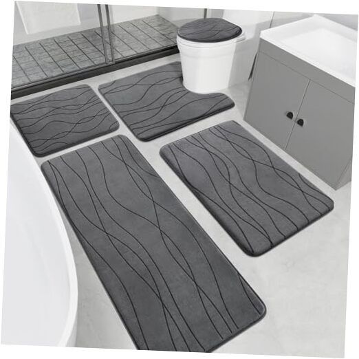Memory Foam Grey Bathroom Rug Set 5-Piece Ultra Absorbent Non-Slip Bath Mat