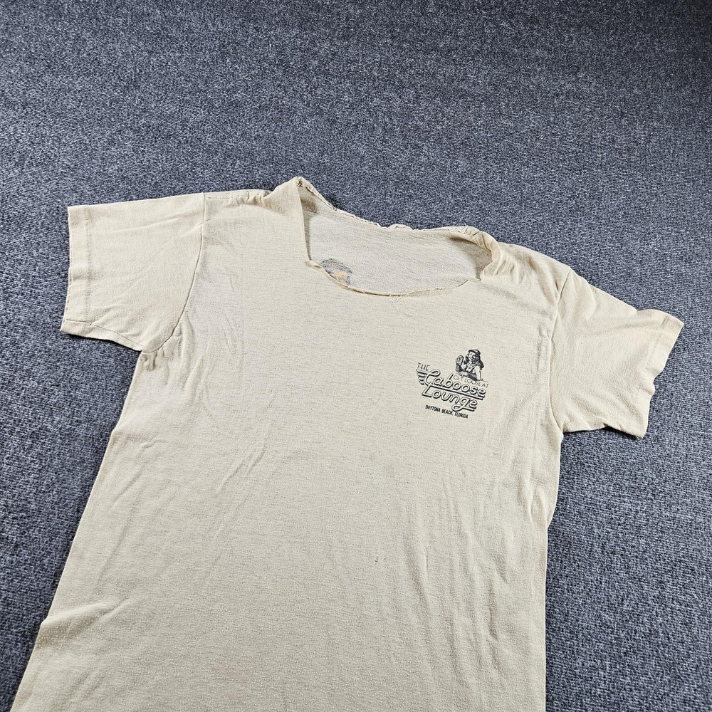 Vintage Caboose Lounge Shirt Mens Small Beige Daytona Beach Florida Bar Beer 80s