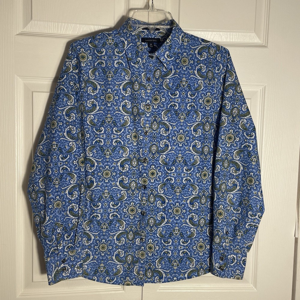 Lands End No Iron Supima 100% Cotton Shirt Women 12 Blue Paisley Button Up Top