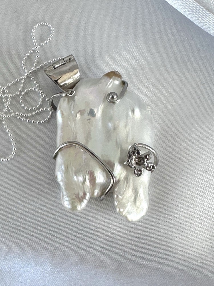 Vintage Large Sterling Silver 925 Biwa Pearl Enhancer Pendant Necklace