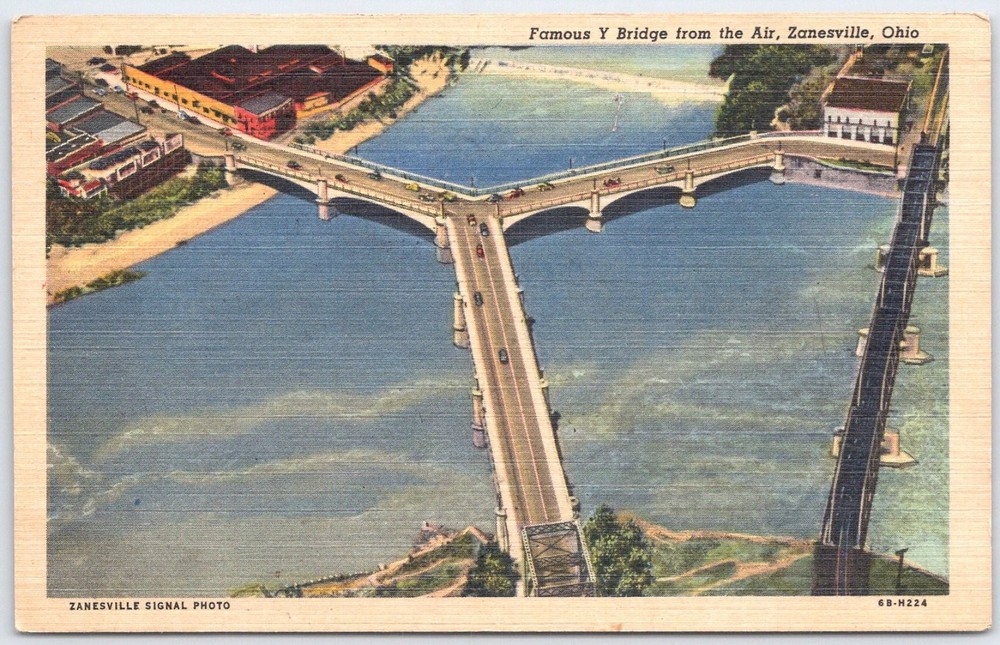 Vintage Zanesville Ohio Y Bridge Aerial View Postcard 1977 Curteich