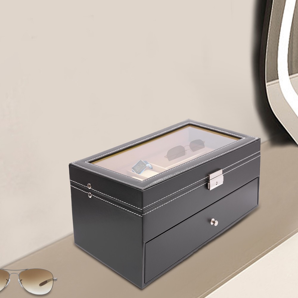 9+6 Slots Watch Box Eyeglasses Jewelry Sunglass Storage Drawer Lockable Case