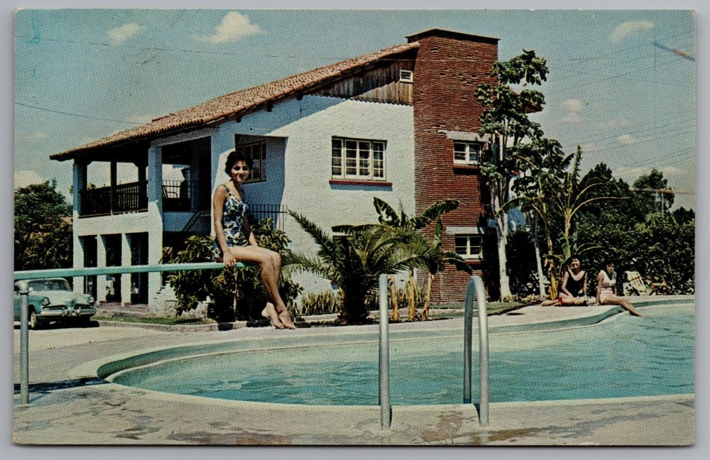 Vintage Motel Bugambilia Poolside Scene Hermosillo Sonora Mexico Postcard