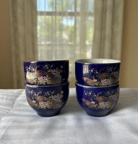 Vintage Japanese Cobalt Blue Tea Cups Set 4 Porcelain Minimalist