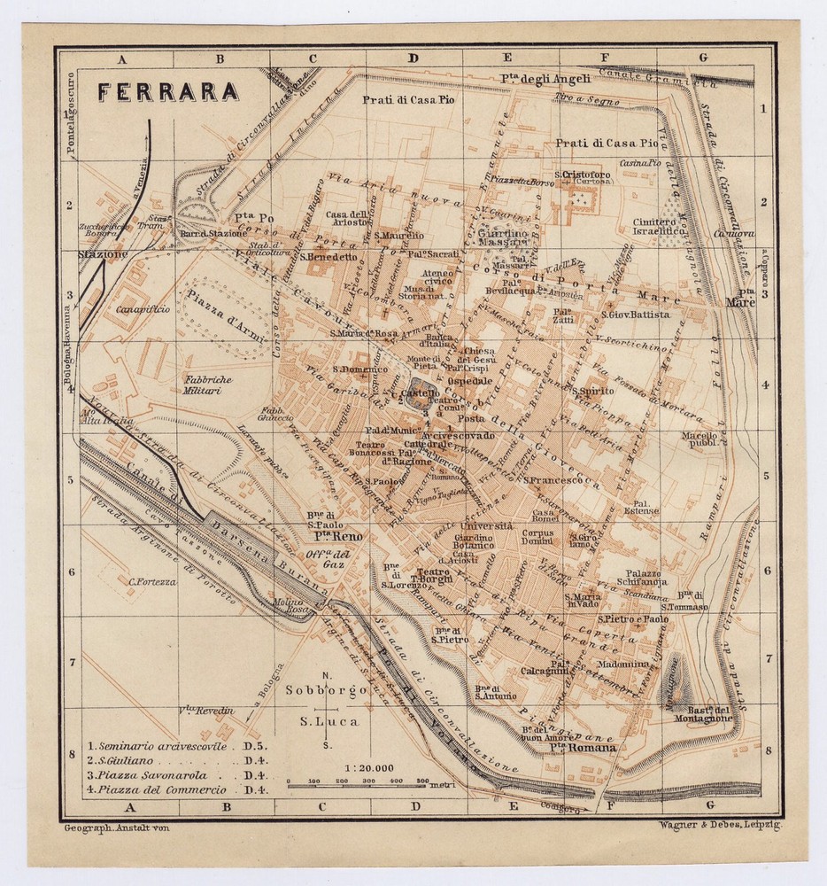 1908 Antique City Map Of Ferrara / Emilia-Romagna / Italy