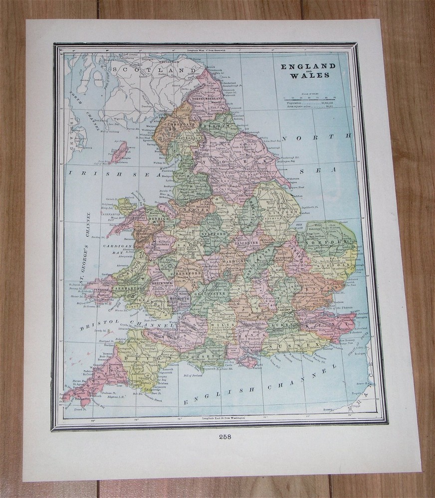 1896 Original Antique Map Of England And Wales / London