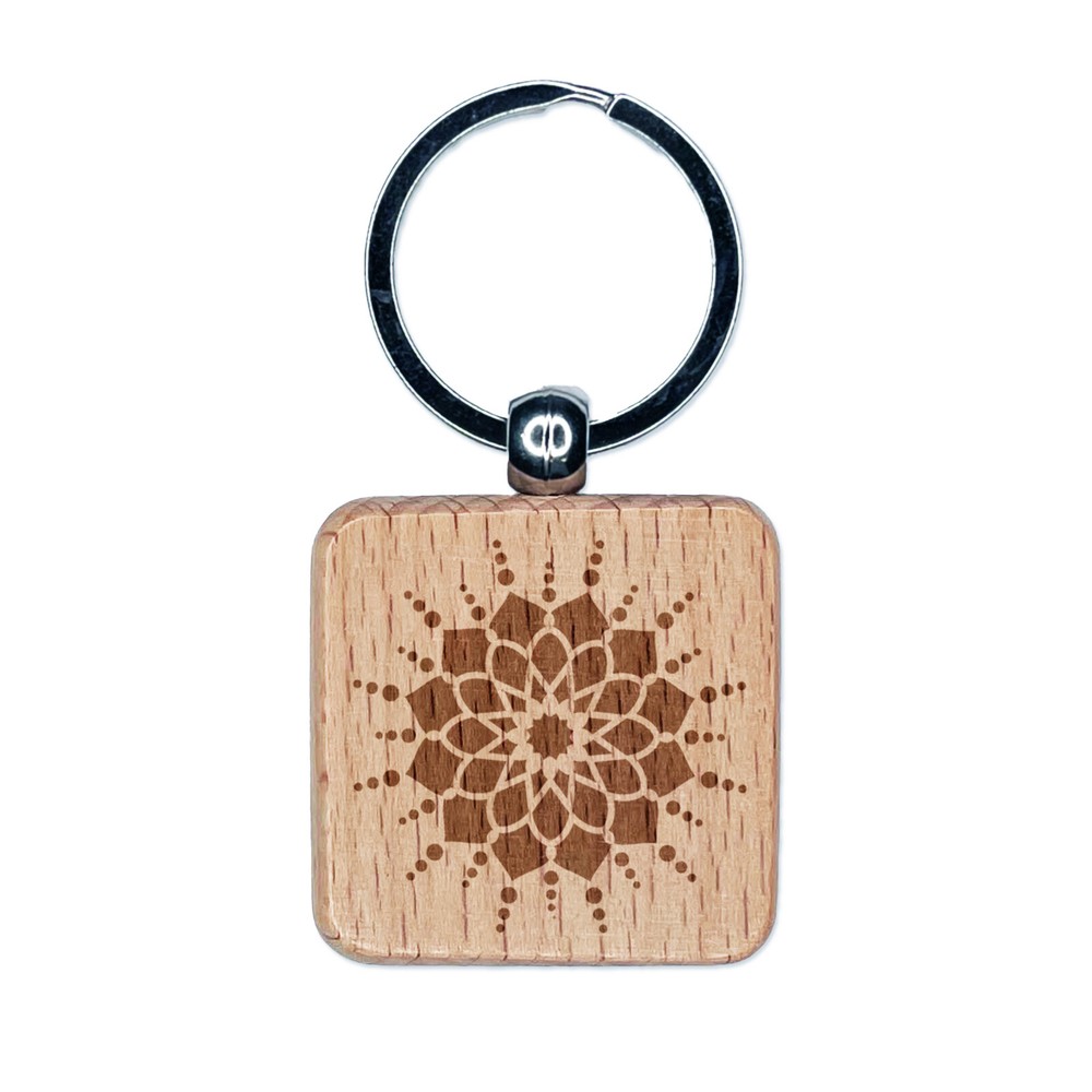 Mandala Flower Simple Engraved Wood Square Keychain Tag Charm