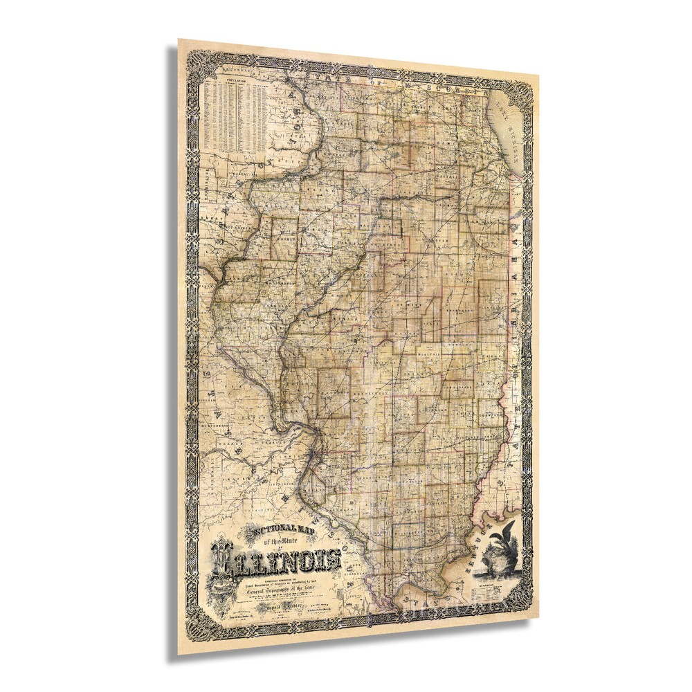 1861 Illinois State Map Print - Vintage State of Illinois Wall Art Poster Decor