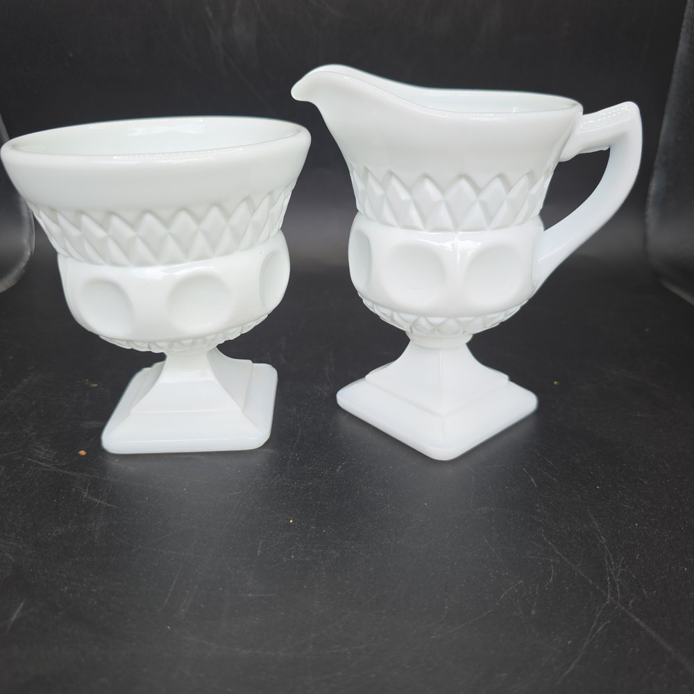 VTG Indiana Milk Glass Kings Crown Thumbprint Creamer & Sugar Bowl Set