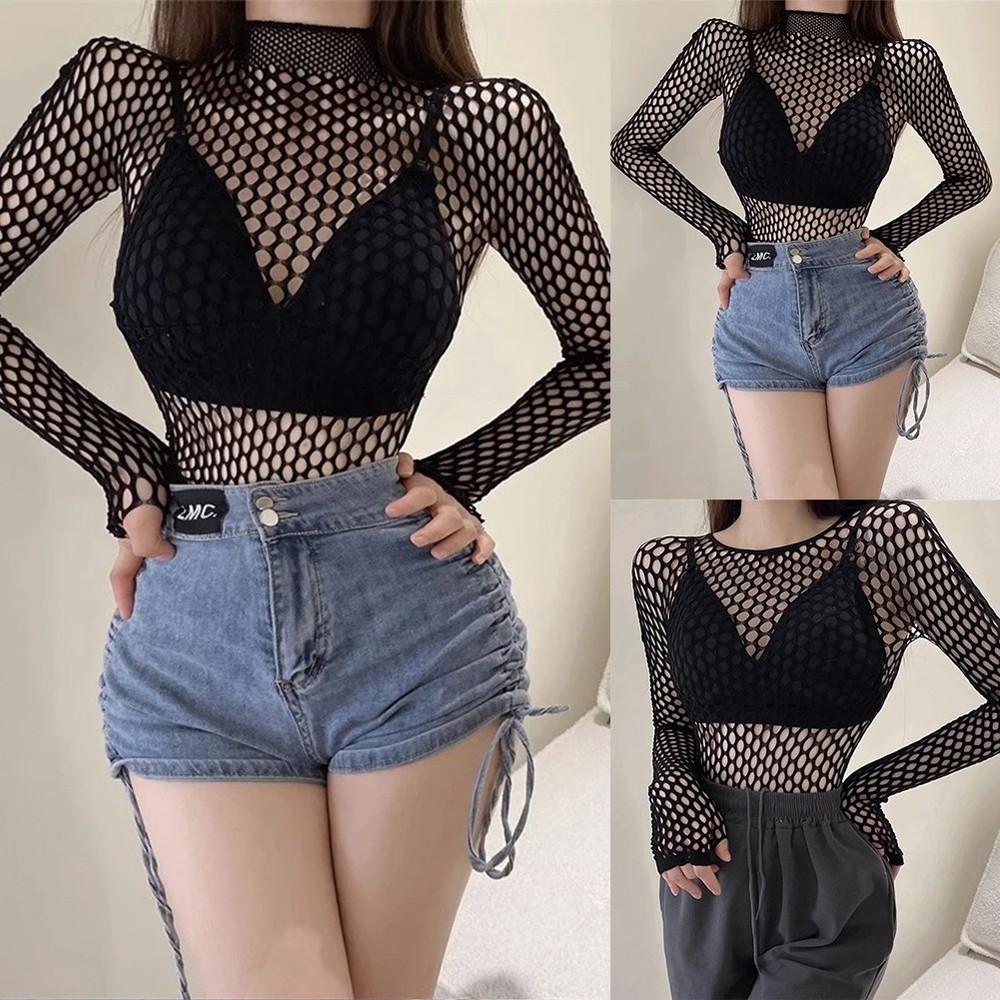 Eleganti top in rete nera da pesca da donna sexy cavi slim maniche lunghe