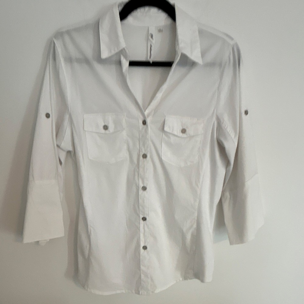 NY Collection Women's White Button Front Roll Tab Sleeve Collared Blouse L