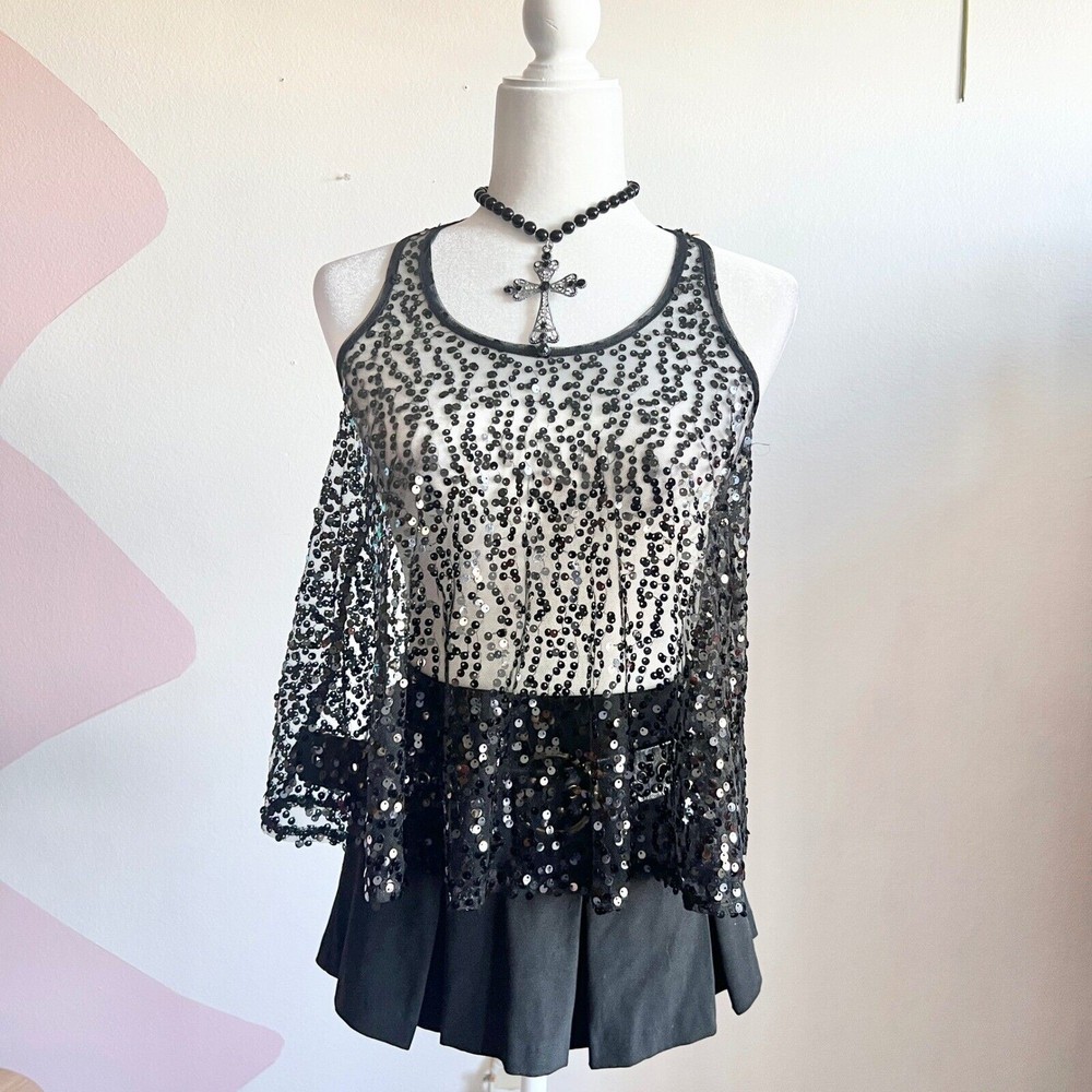 Black Sheer Sequin Tank Top, Y2K Soft Grunge Festival Rave Clubwear 2000s XS