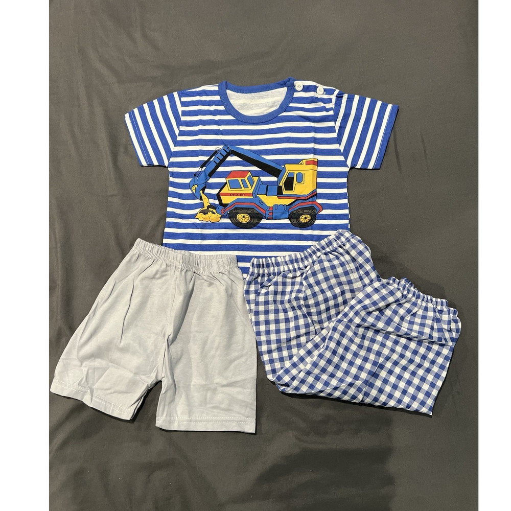Boys 12-18M 3pc Outfit Set Striped Vehicle T-Shirt Shorts Pants Button