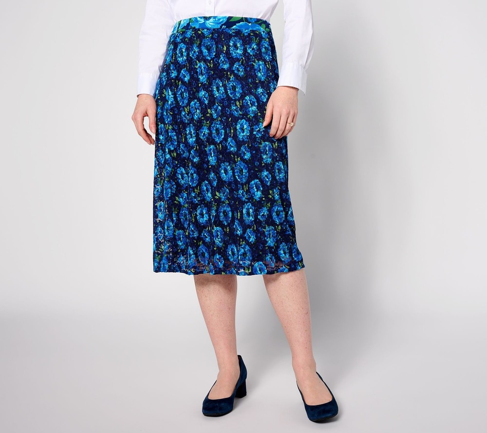 Isaac Mizrahi Live! Women's Petite Skirt PM Printed Lace Pleated Blue A631708