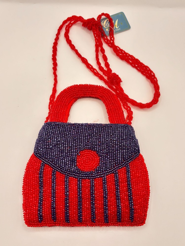 Vintage Y2K Red Beaded Mini Bag Top Handle & Long Strap