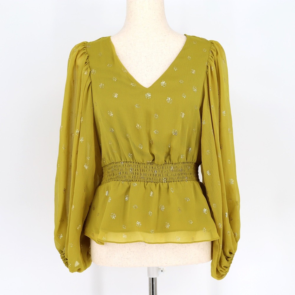 Vince Camuto Women Avocado Green Foiled Smocked-Hem Puff-Sleeve Blouse Size XS
