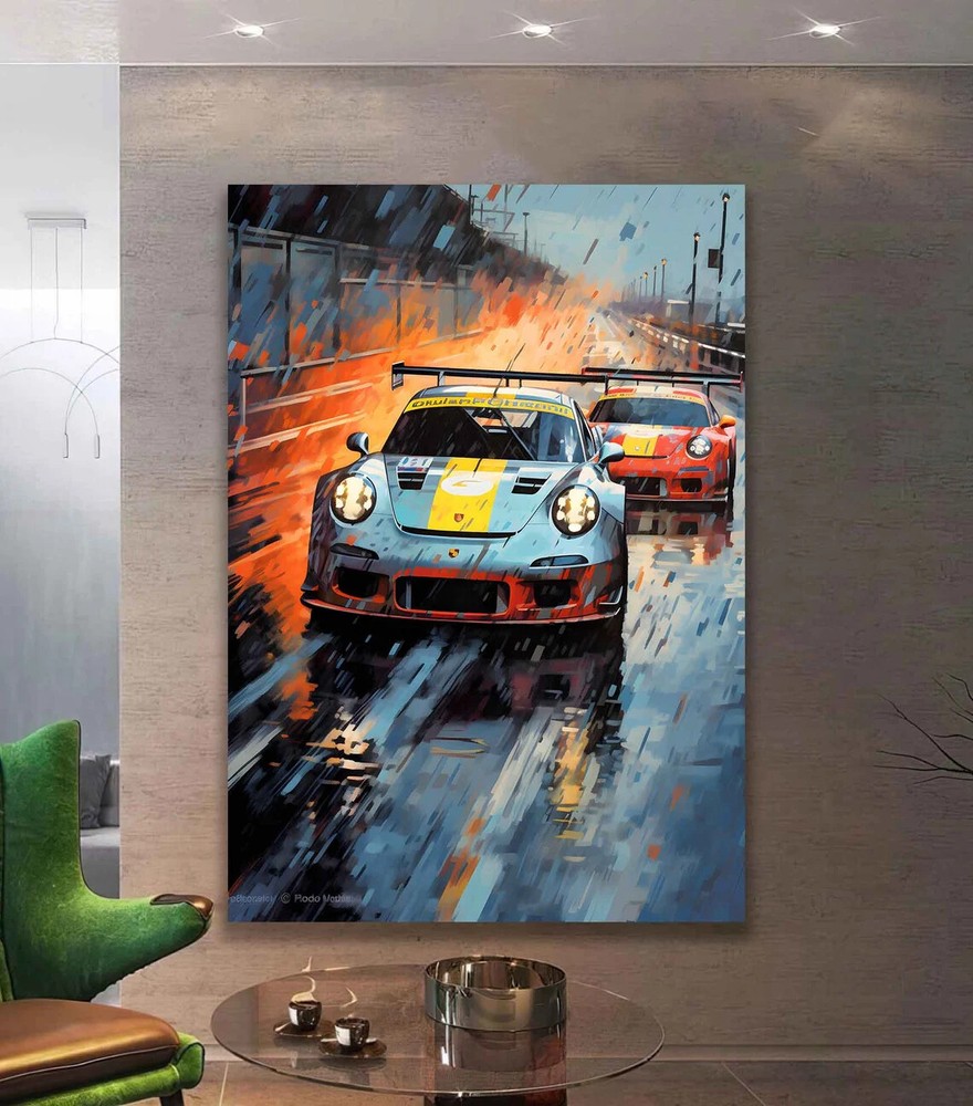 Blue Red Abstract Sport Race Cars Art Retro Wall Art Canvas Unframed Print Art
