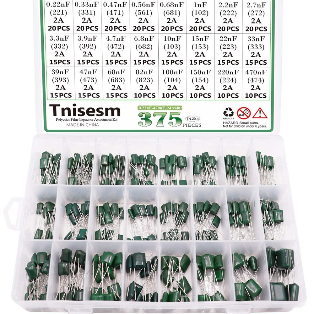 Tnisesm 375 Pcs 24 Value Metalized Mylar Polyester Film Capacitors Assortment...