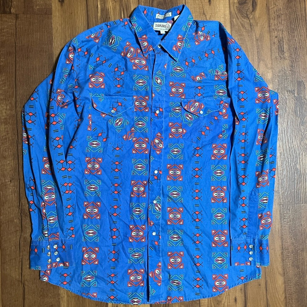 Vintage Sheplers Western Shirt Mens Large Blue Aztec Cotton Pearl Snap Cowboy
