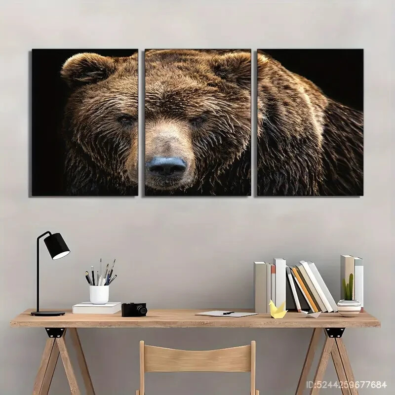 3pcs Set Brown Bear Grizzly Bear Animal Portrait Metal Print Ready to Hang Art