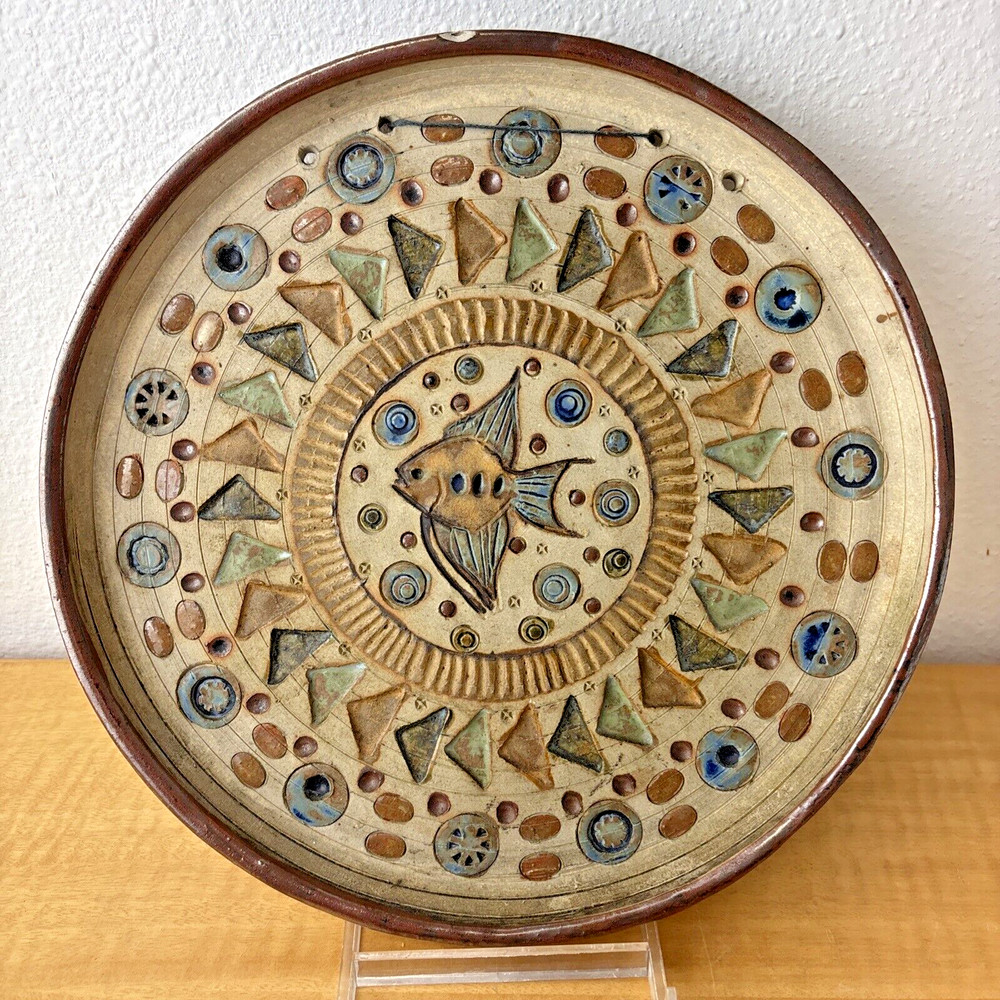 Vintage Art Pottery Ceramic Wall Hanging Plate with Fish Signed & Dated