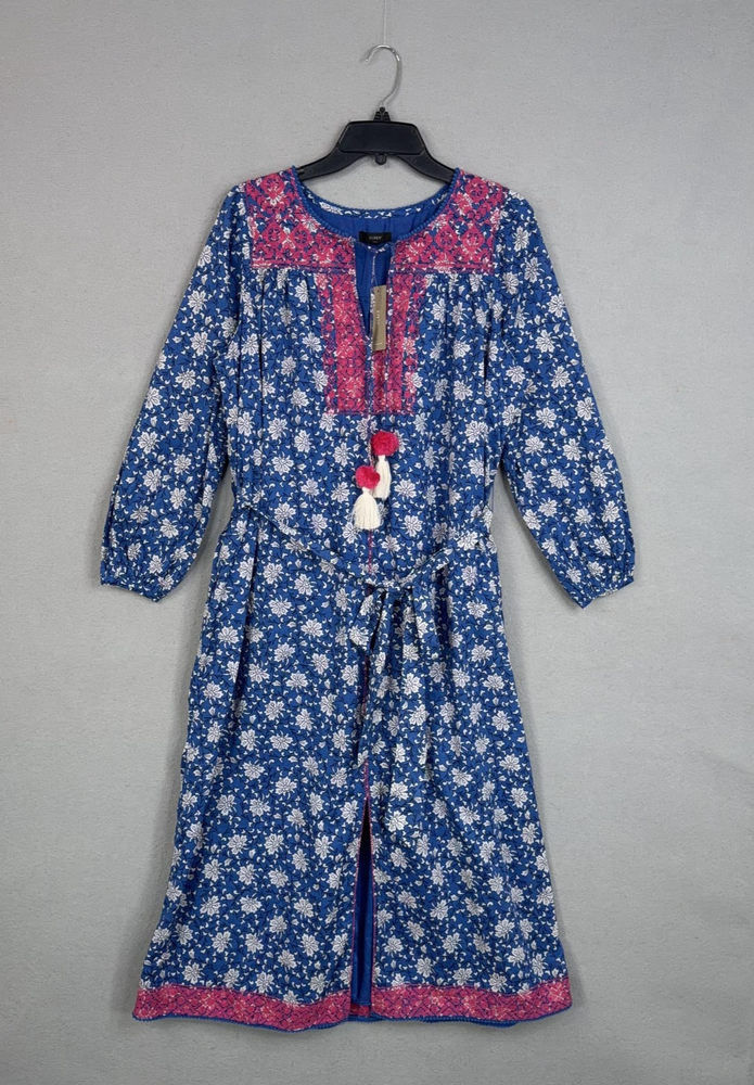 J Crew Dress Womens Medium Night Sky Block Print Tassel Midi Boho Peasant NWT