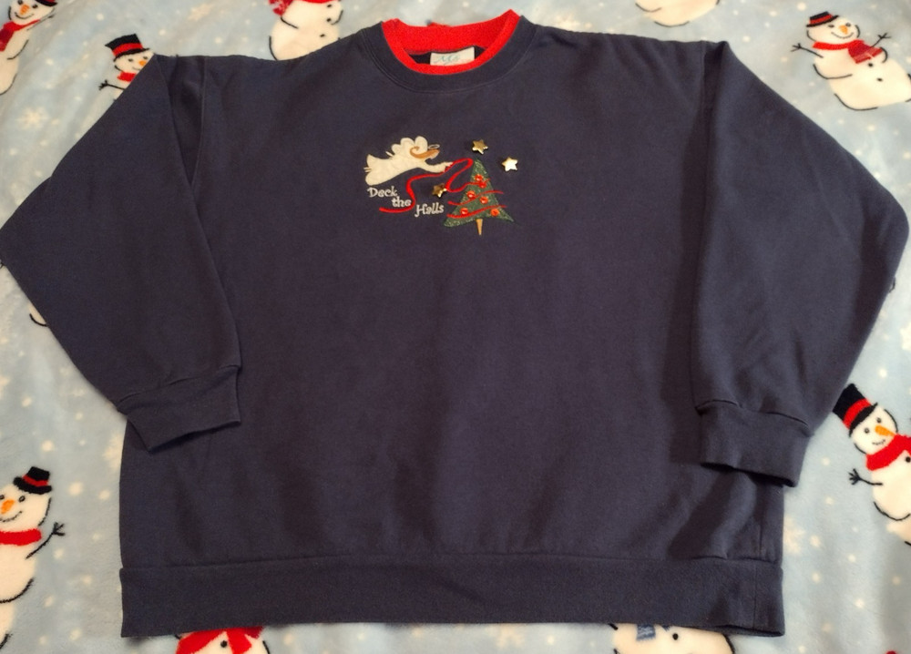 VTG M & C Sportswear Women's Sweater Navy Blue L Christmas Angels Deck The Halls