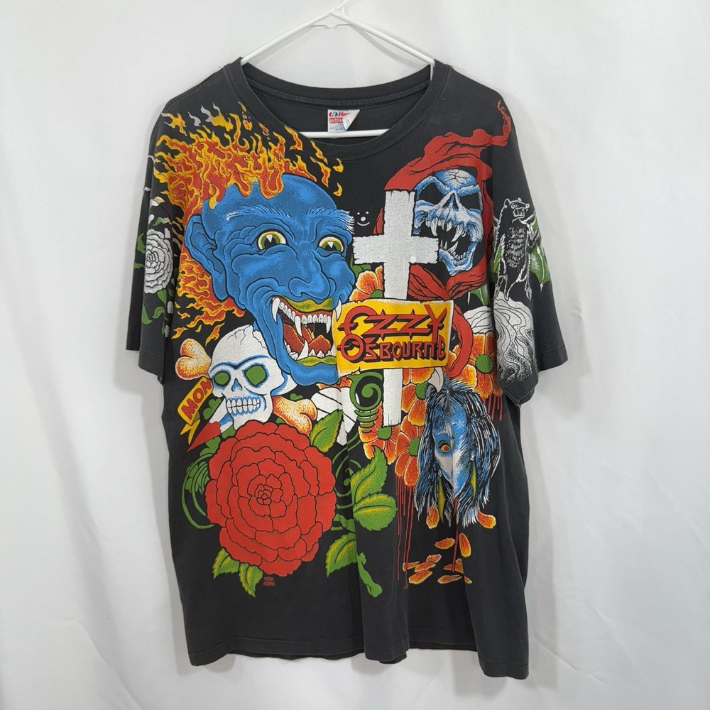 Vintage Ozzy Osbourne AOP Band Tee 90's Tattoos Rock Concert Shirt XL