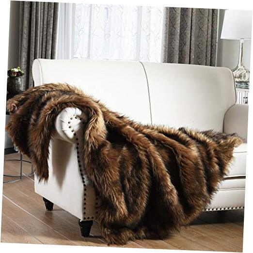 Luxury Plush Faux Fur Throw Blanket, Long Pile with Black 50'' x 60'' Brown