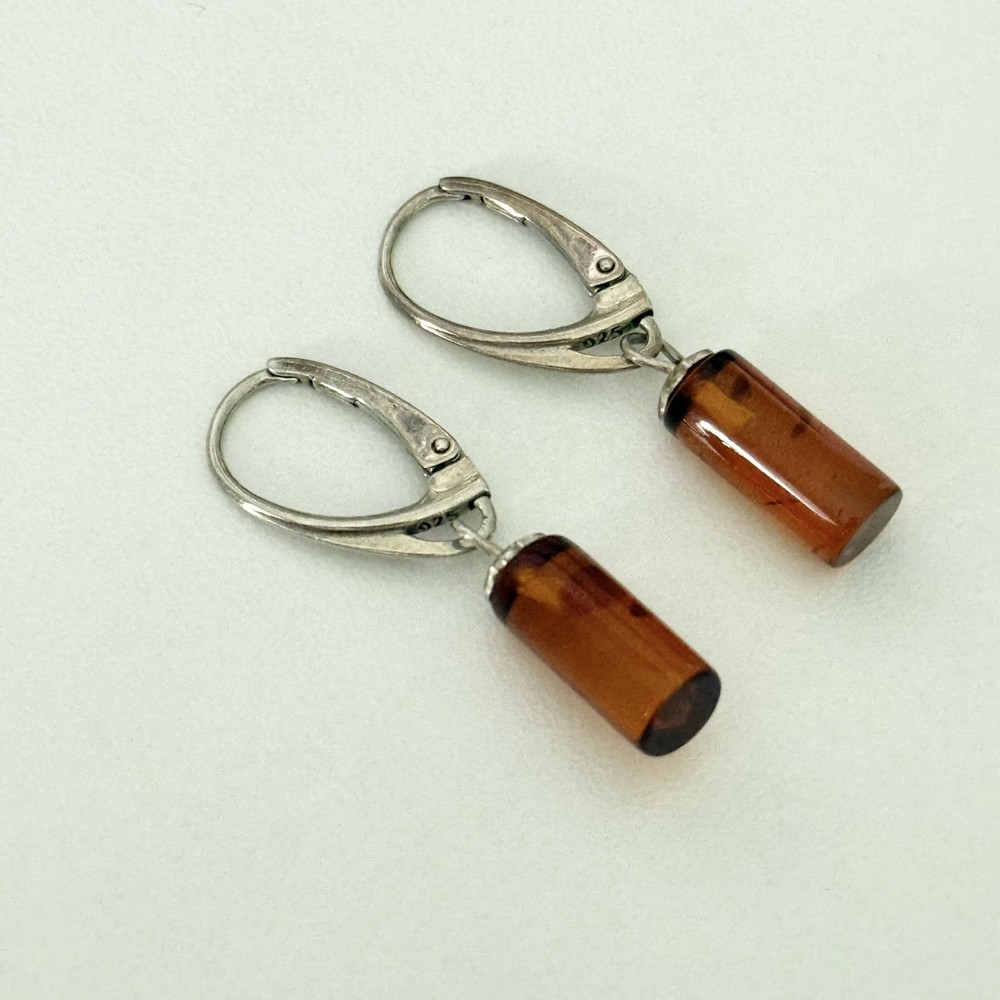 Vintage 925 Sterling Silver Baltic Amber Gemstone Leverback Dangle Earrings