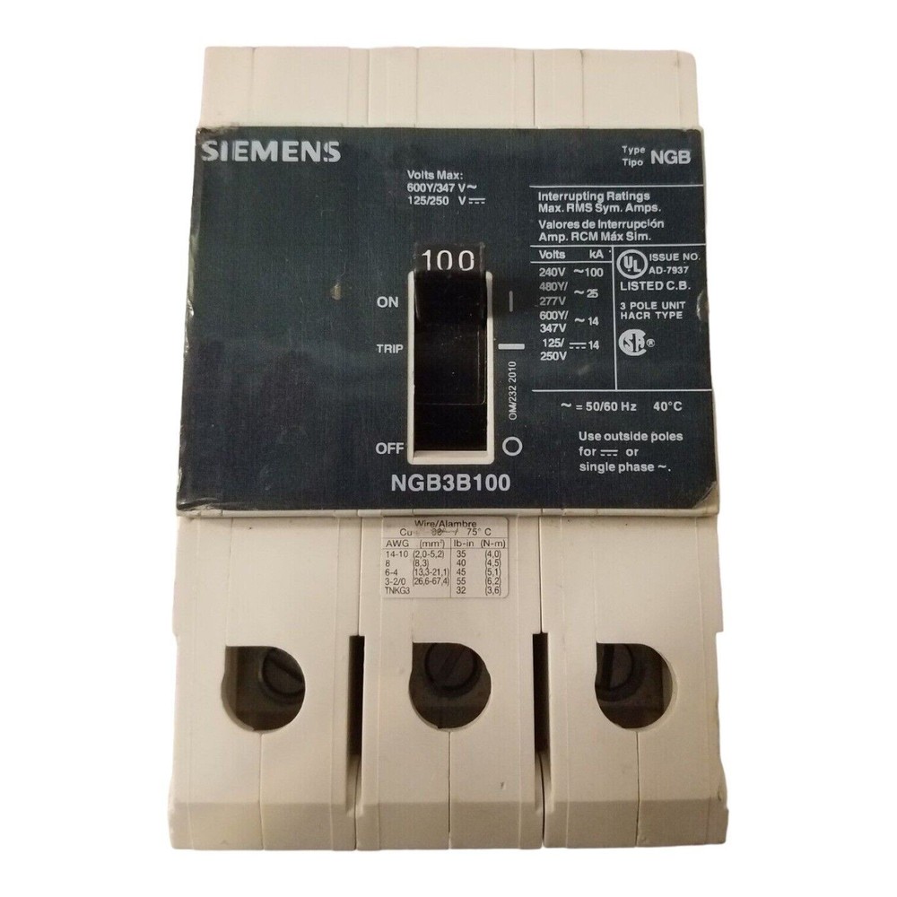 Siemens NGB3B100 Circuit Breaker 100A 3P 600V NGB 3 pole 100 Amp 600 volt Used