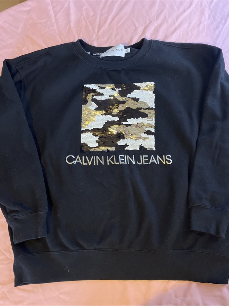 Calvin Klein Jeans Long Sleeve Flip Sequin Black Top Crew Neck Sweatshirt XL