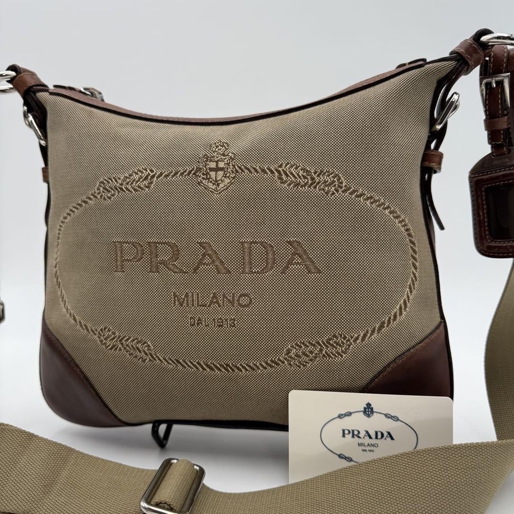 Prada Jacquard Canvas Leather Crossbody Shoulder Bag White Japan