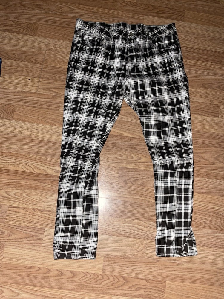 Men's Black White Plaid Casual Pants 99% Cotton 1% Spandex Size 38