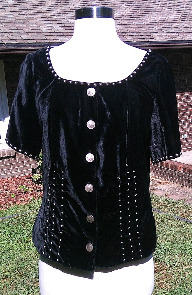 Double D Ranch Black Crushed Velvet Studded Short Sleeve Top Shirt EUC Small