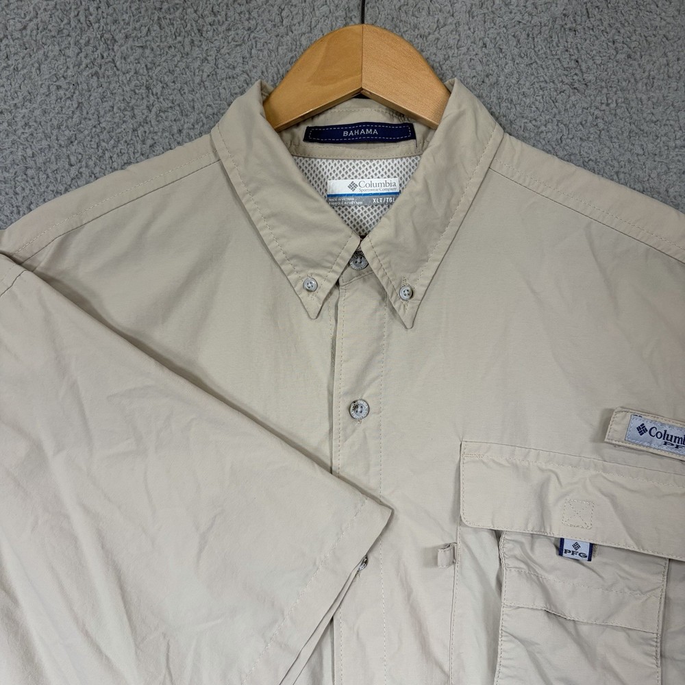 Columbia PFG Shirt Mens XL T Beige Omni-Shade Fishing Short Sleeve Bahama