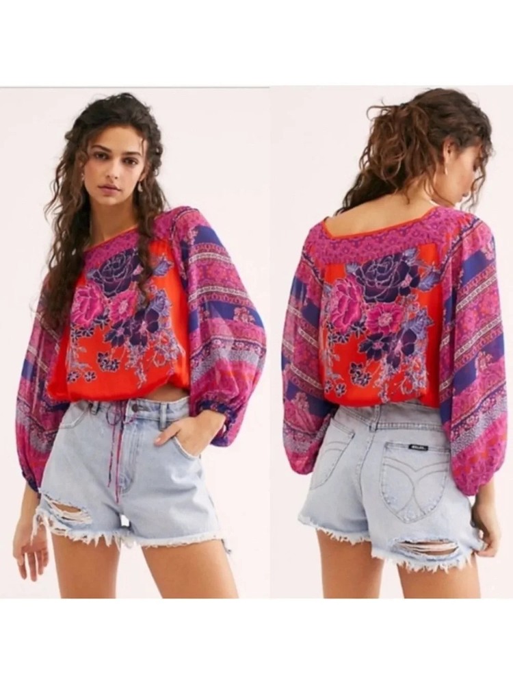 Free People Blue Nile Boho Floral Print Long Sleeve Square Neck Crop womens XS