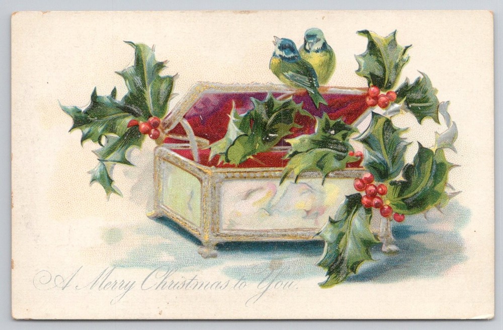 Raphael Tuck Christmas Postcard Birds Holly Jewelry Box Embossed Saxony