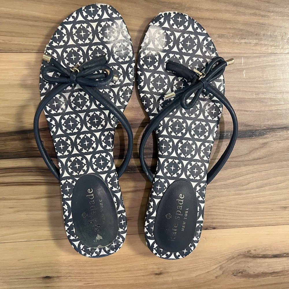 Kate Spade Womens Mistic Flip Flops with Bow in White Black Size 6M