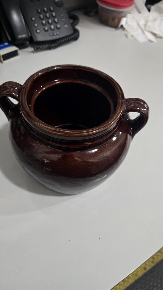 Brown Ceramic Round Canister Jar with Handles, USA Marked, 7x7x6 in