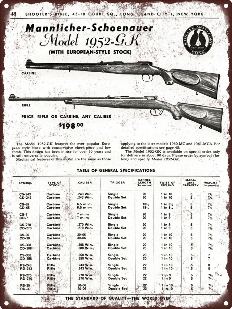 1962 MANNLICHER SCHOENAUER Model 1952 GK Rifle Carbine Metal Sign 9x12