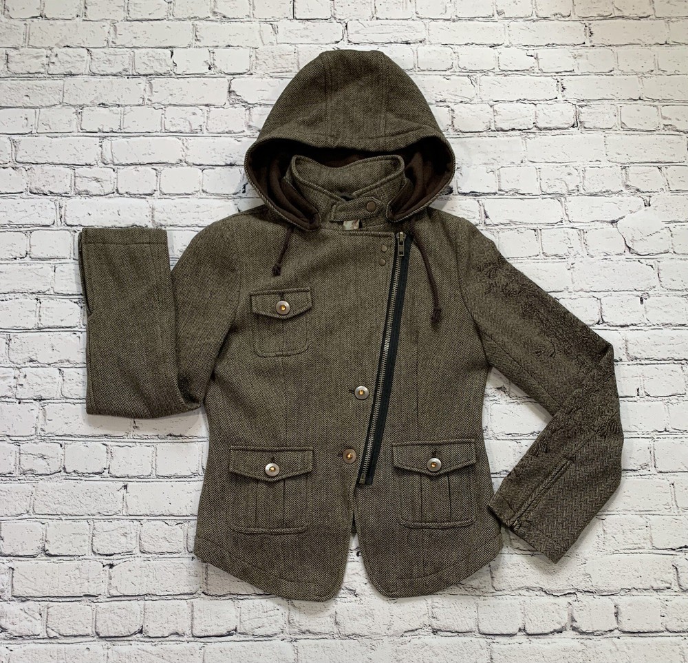 VTG Women’s M Brown Green Herringbone Wool Blend Jacket with Embroidered Details