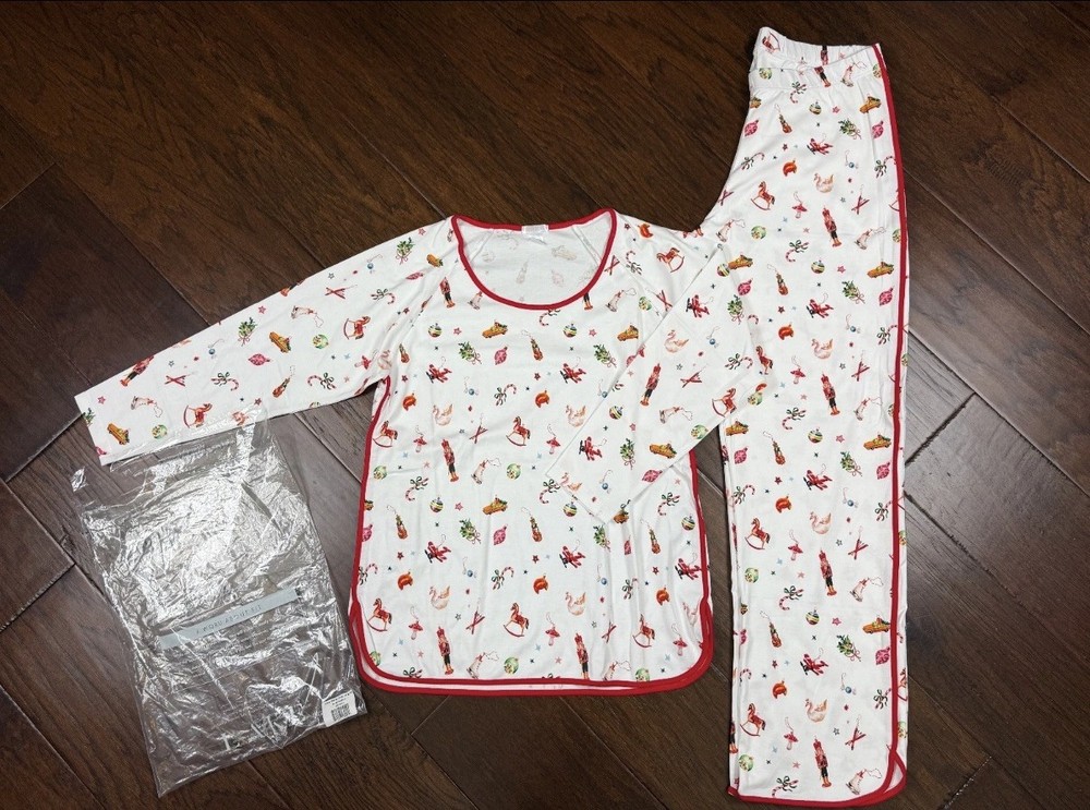 Lake Pajamas Set Pima Cotton Long Sleeve Crop Christmas White Size XXS  XXL