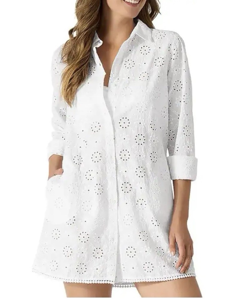 Tommy Bahama Harbour Eyelet Boyfriend Cotton Cover Up Shirt, White Size L NWT💚