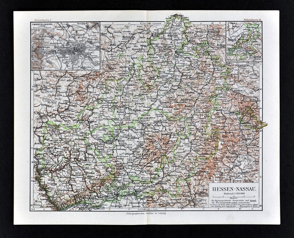 1900 Meyers Map Hessen Nassau Kassel Frankfurt Koblenz Hanau Alsfeld Germany