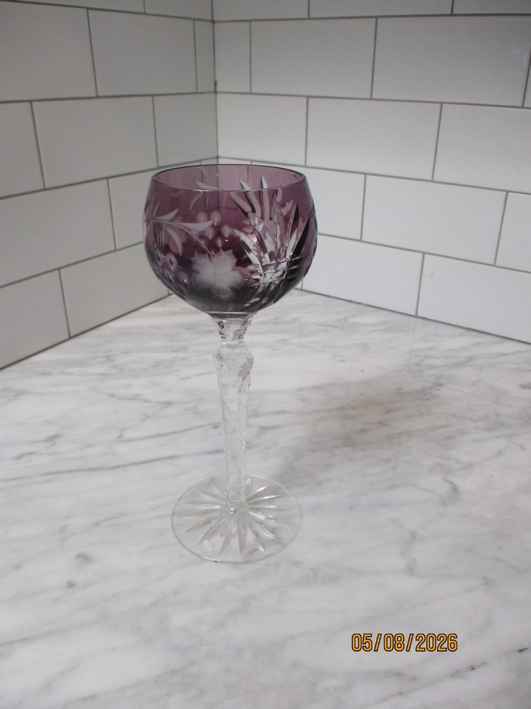 AJKA Amethyst MARTISA Hock Wine Goblet Glass Cut to Clear Grape Pattern Hungary