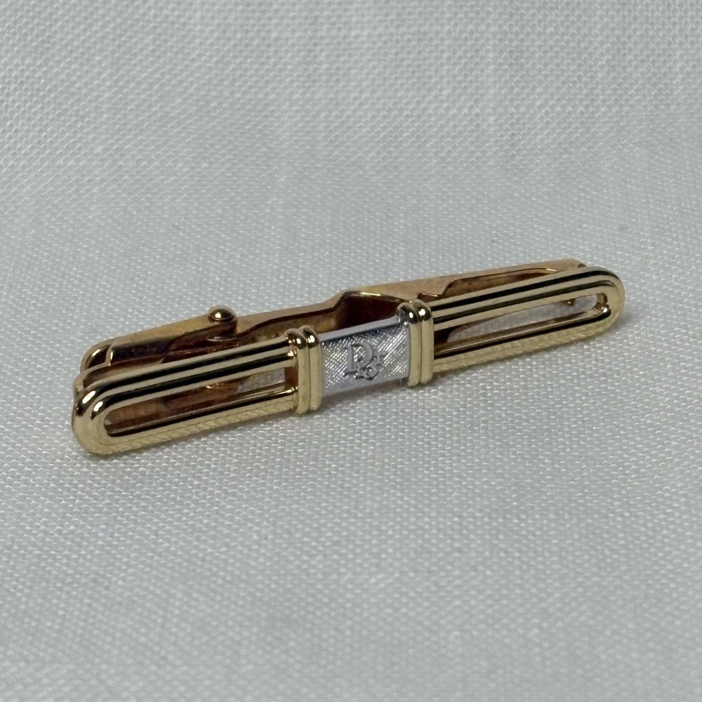CHRISTIAN DIOR Monsieur Vintage Tie Clip Two Tone Gold Silver Logo